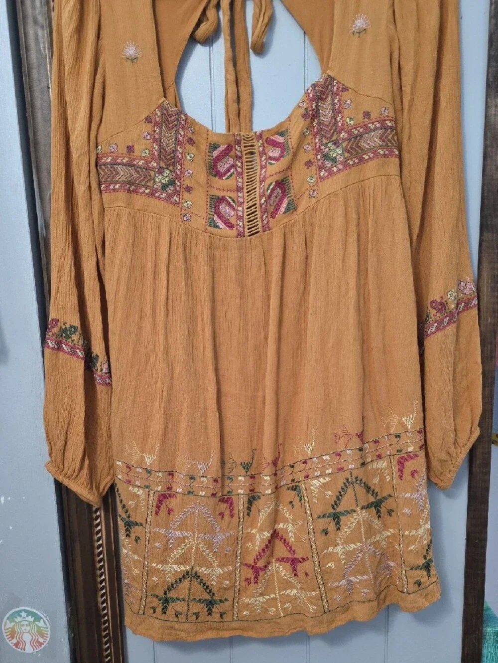 Free People Mustard Embroidered Mini Dress